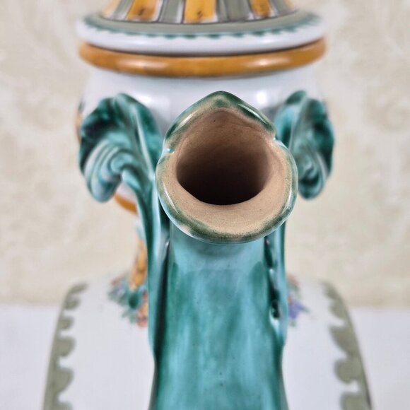 Vintage Hand Painted Footed Ceramic Water Pitcher Green White Floral Signed 1994 - Picture 11 of 16